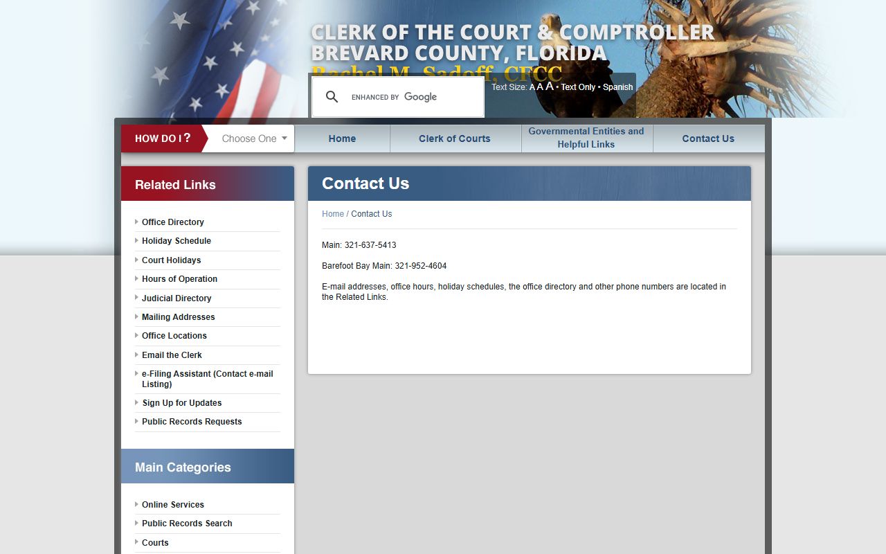 Brevard County Clerk contact us page with main phone number and public records email