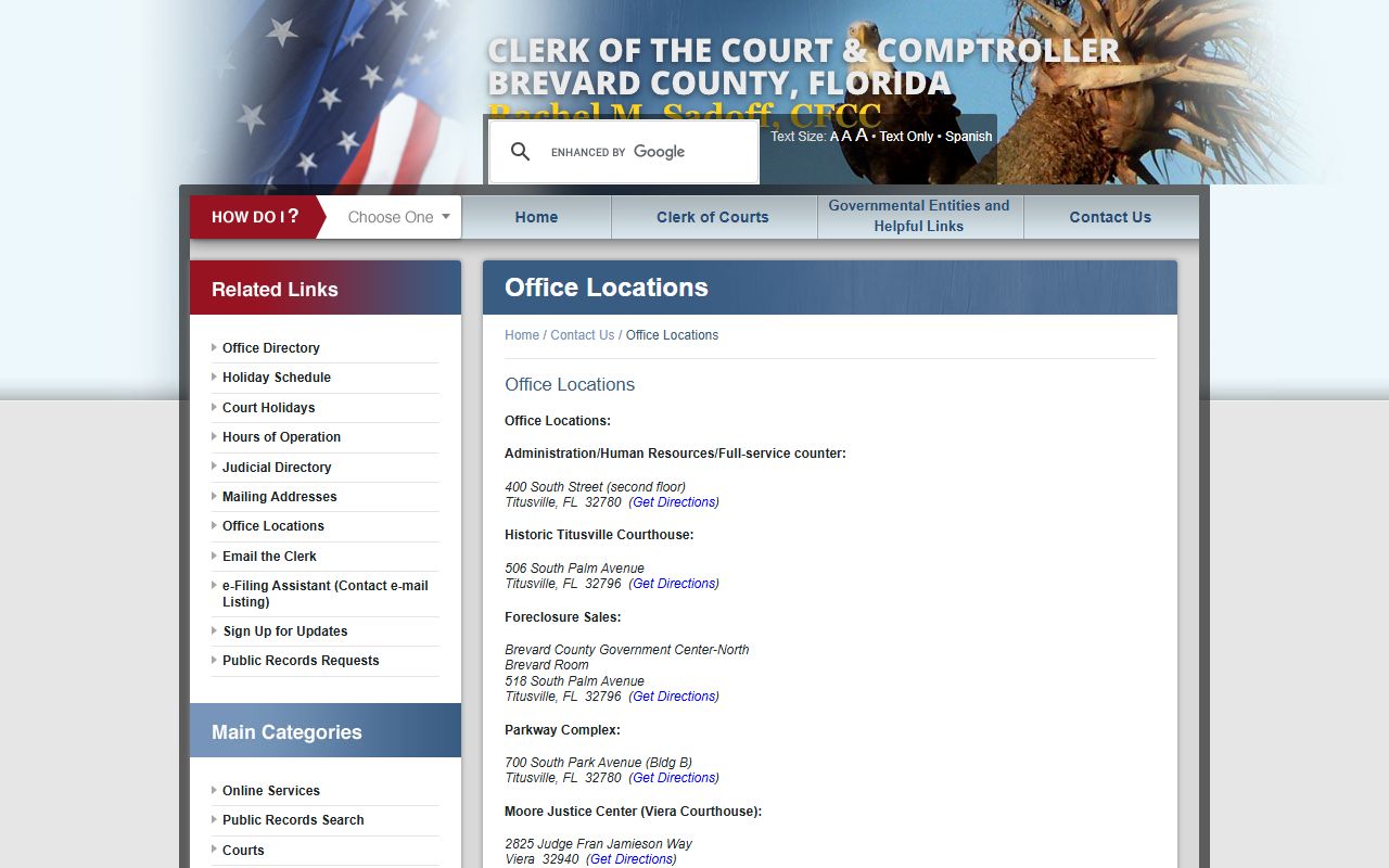 Brevard County Clerk office locations page listing Titusville Viera Melbourne Merritt Island and Palm Bay