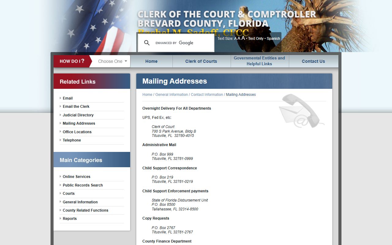 Brevard County Clerk mailing addresses page listing administrative copy court recording and traffic boxes