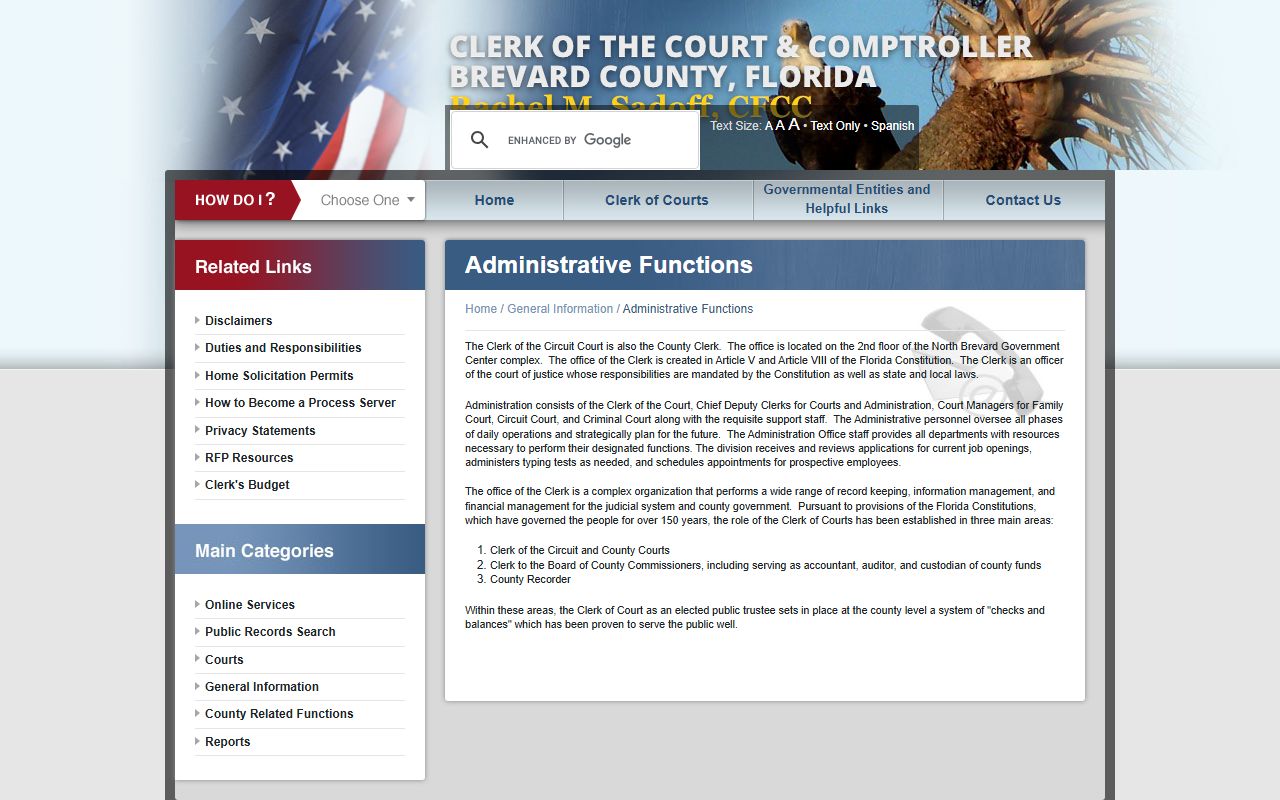 Brevard County Clerk administrative functions and constitutional roles page