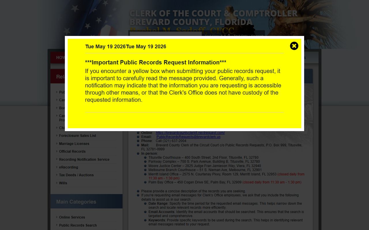 Brevard County Court Clerk public records request page with NextRequest, email, phone, mail, in-person options