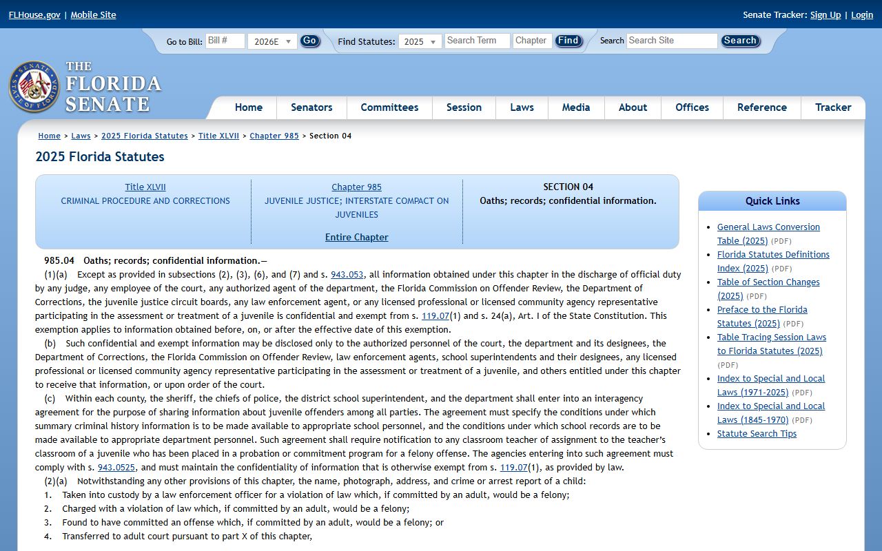 Brevard County Court juvenile confidentiality statute F.S. 985.04 from Florida Senate