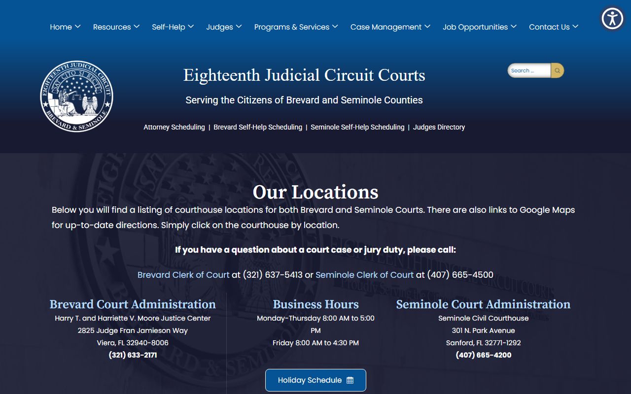 Brevard County court dockets locations on the Eighteenth Judicial Circuit site