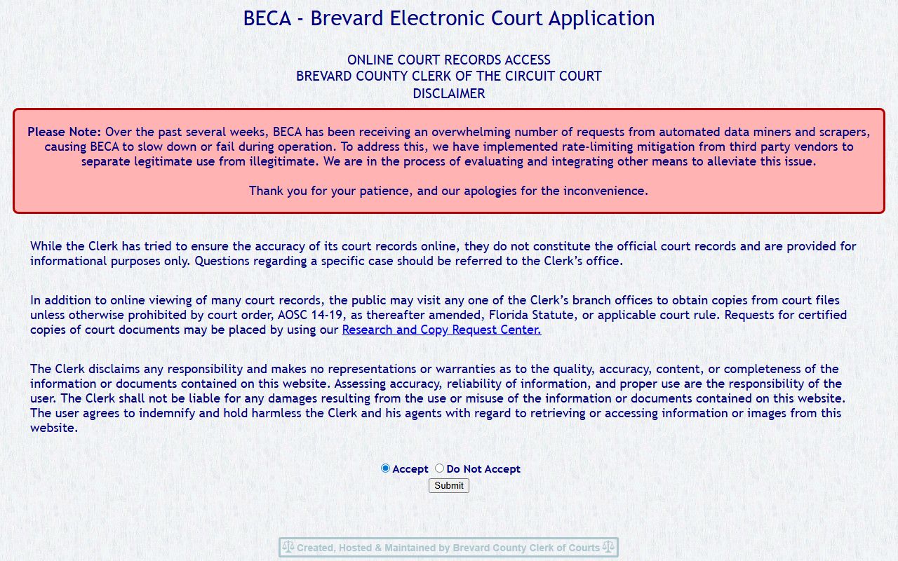 Brevard County court records BECA disclaimer page