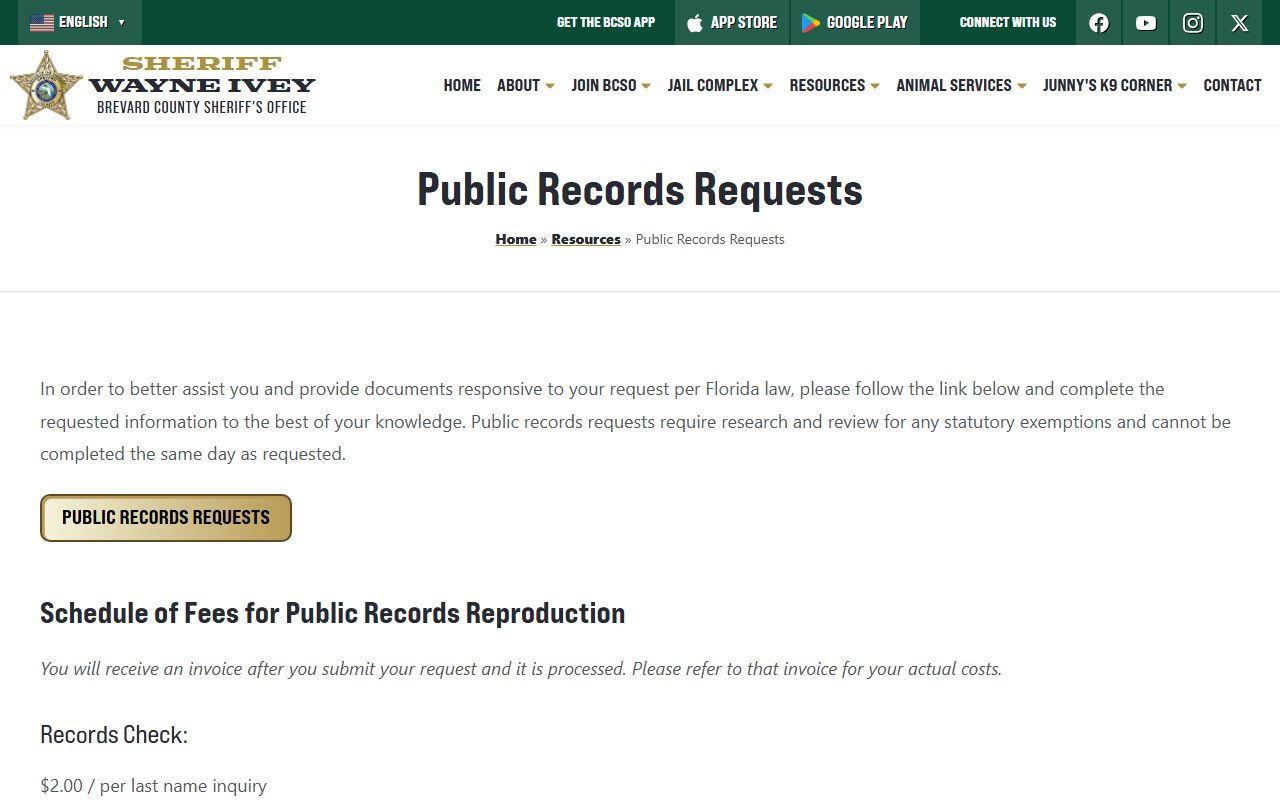 Brevard County criminal records request page at the Brevard County Sheriff's Office