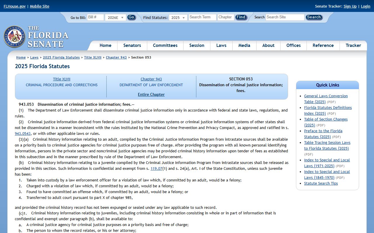 Brevard County criminal records statute F.S. 943.053 on the Florida Senate site