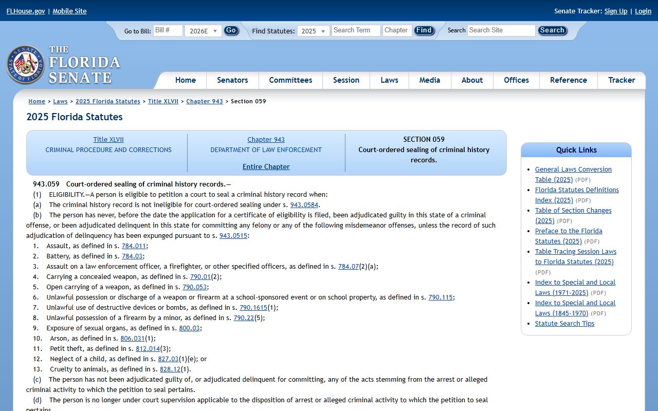 Brevard County criminal records sealing statute F.S. 943.059 on the Florida Senate site