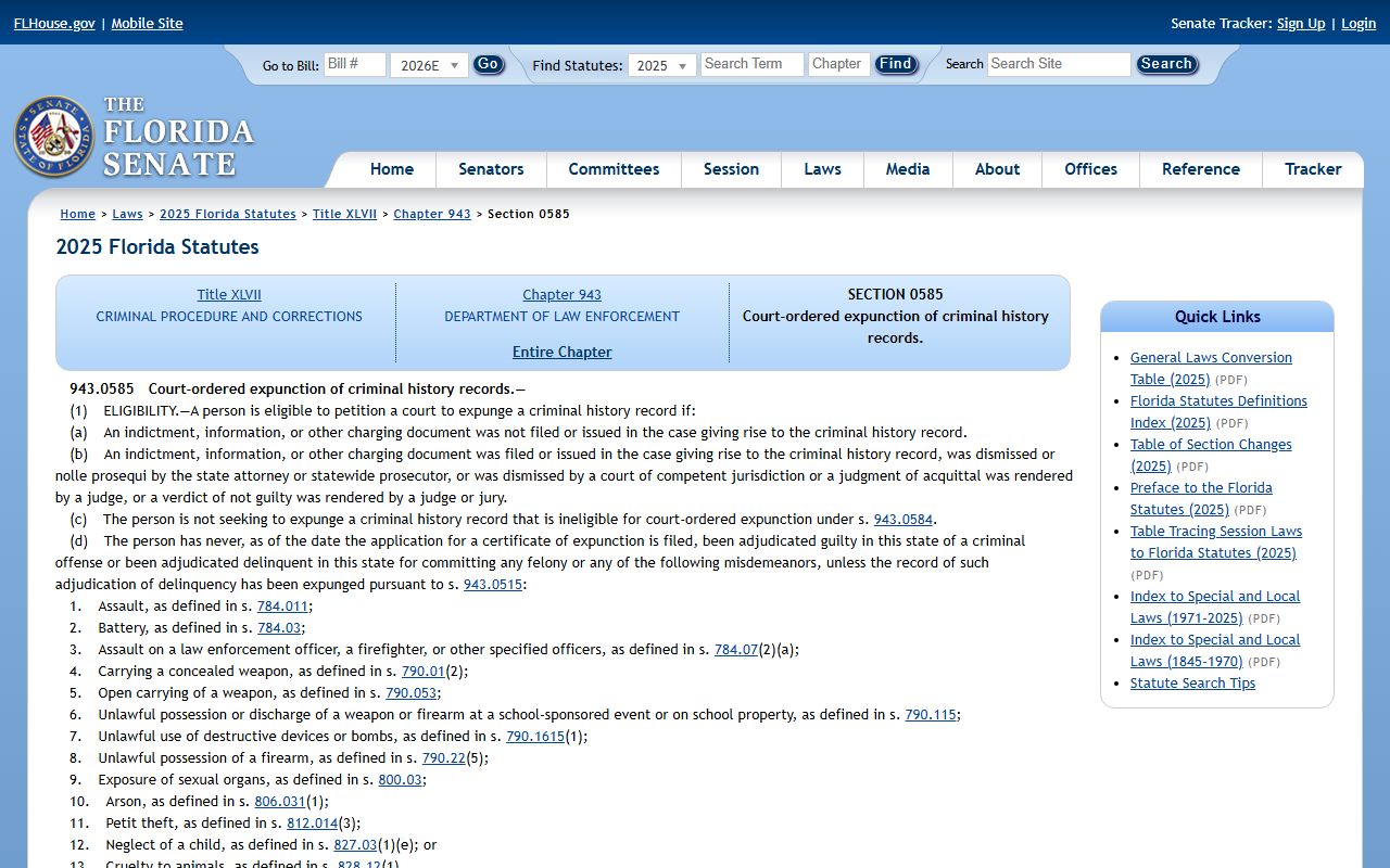 Brevard County criminal records expunction statute F.S. 943.0585 on the Florida Senate site