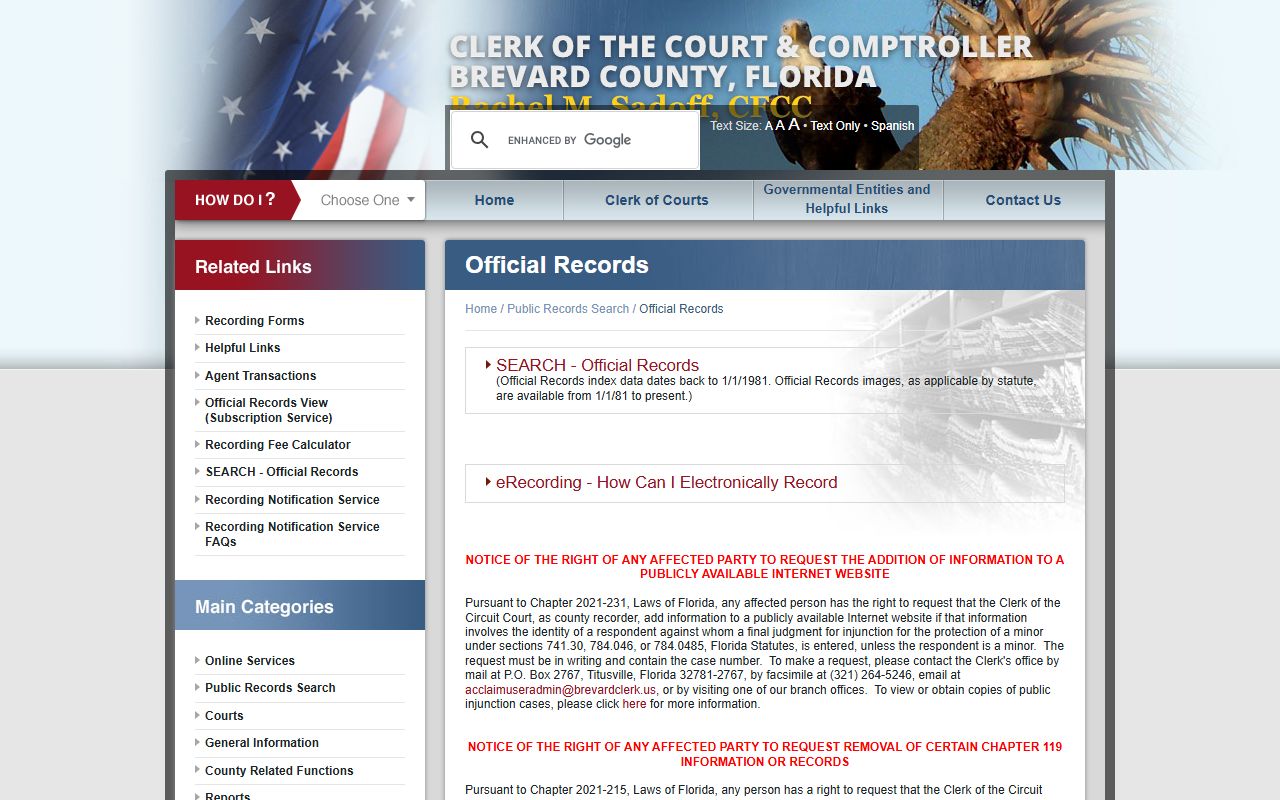 Brevard County Clerk official records page with index and image coverage notes and privacy disclaimers