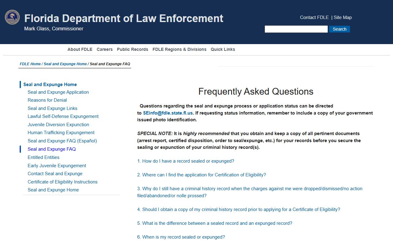FDLE seal and expunge frequently asked questions page