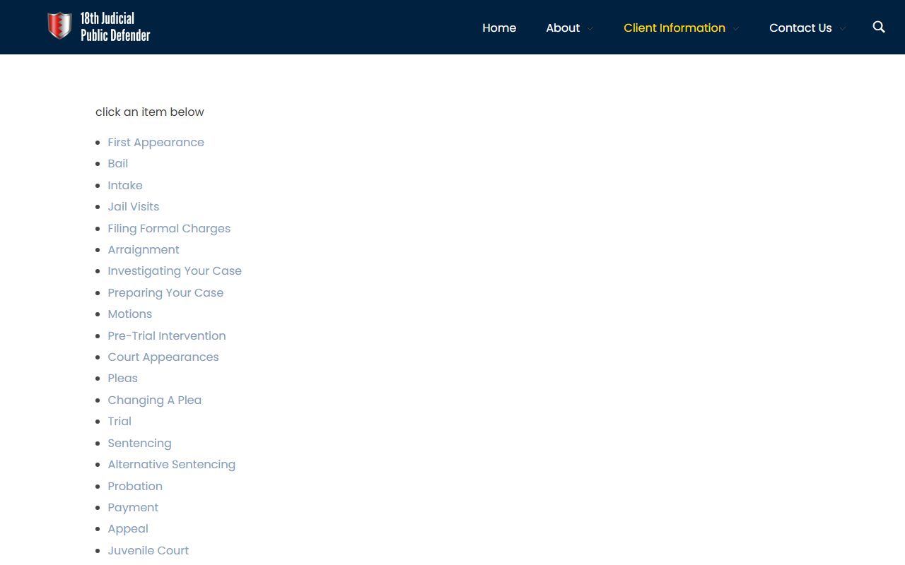 Public Defender client information page covering first appearance and appointment fee