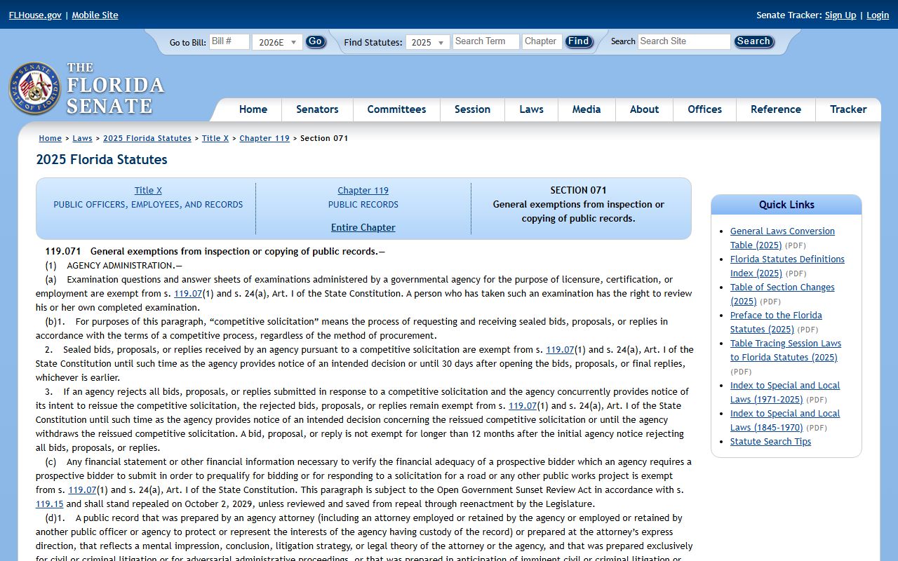 Brevard County inmate records Florida Statutes 119.071 public records exemptions
