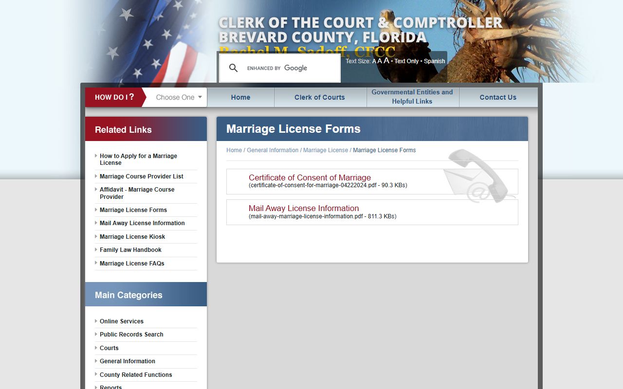 Brevard County marriage records Clerk marriage license forms index
