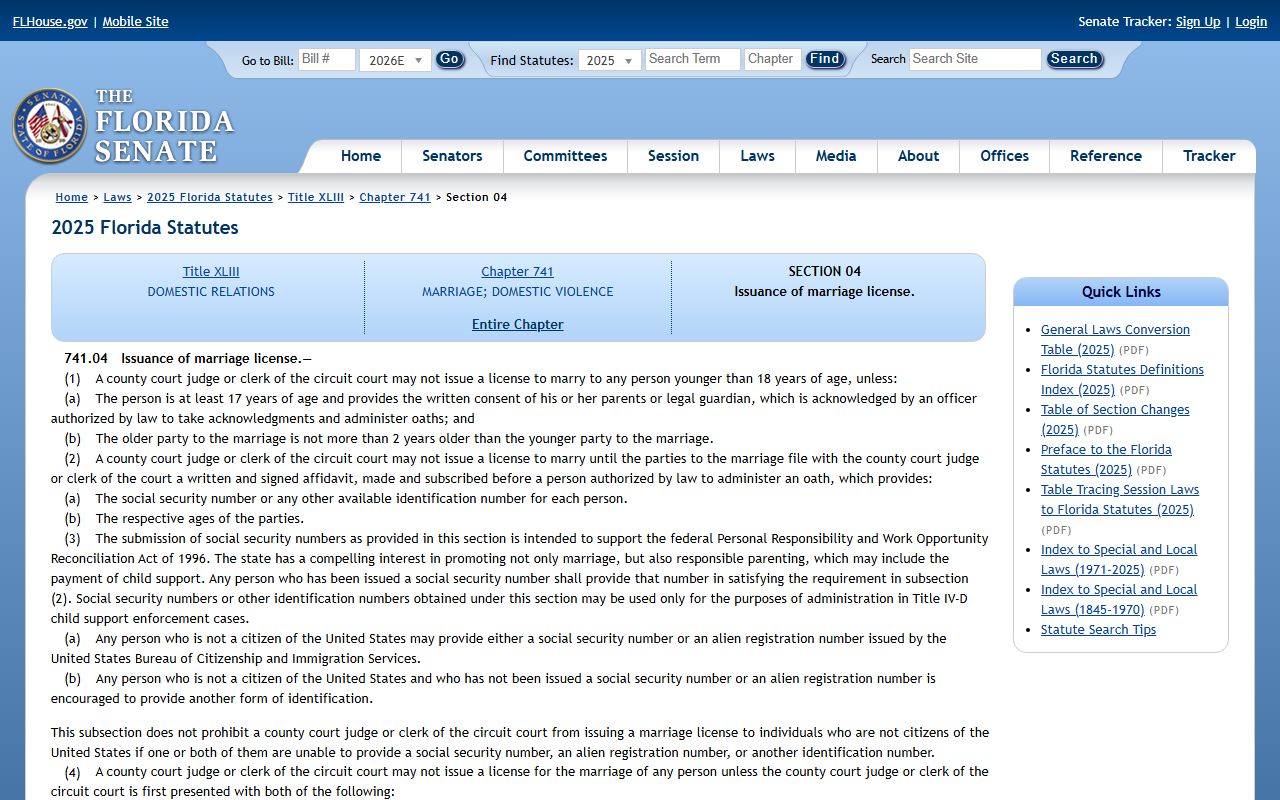 Brevard County marriage records Florida Senate marriage license issuance statute