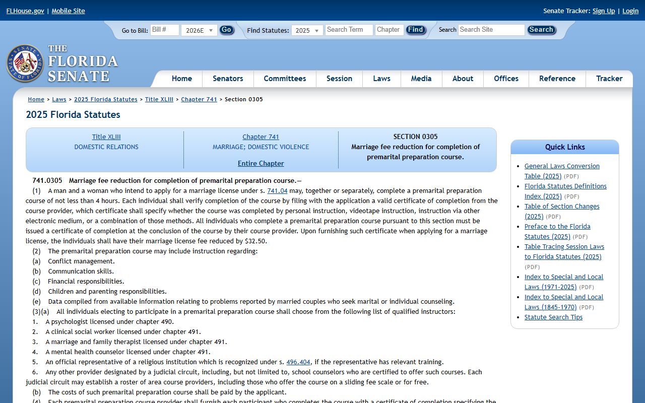Brevard County marriage records Florida Senate marriage preparation course statute