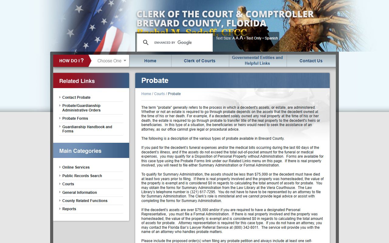 Brevard County probate records Clerk probate page with three administration types