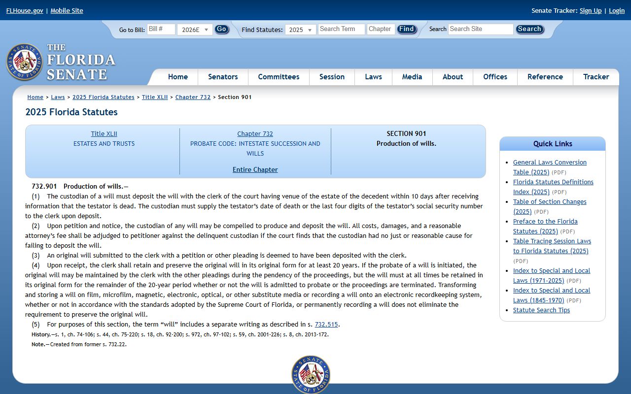 Brevard County probate records Florida Statute 732.901 production of wills