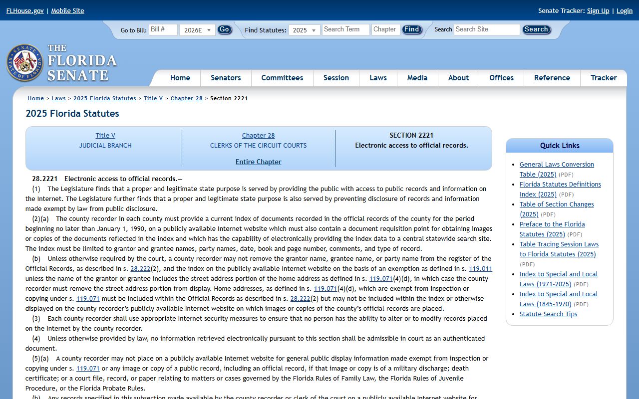 Brevard County probate records Florida Statute 28.2221 electronic access to official records