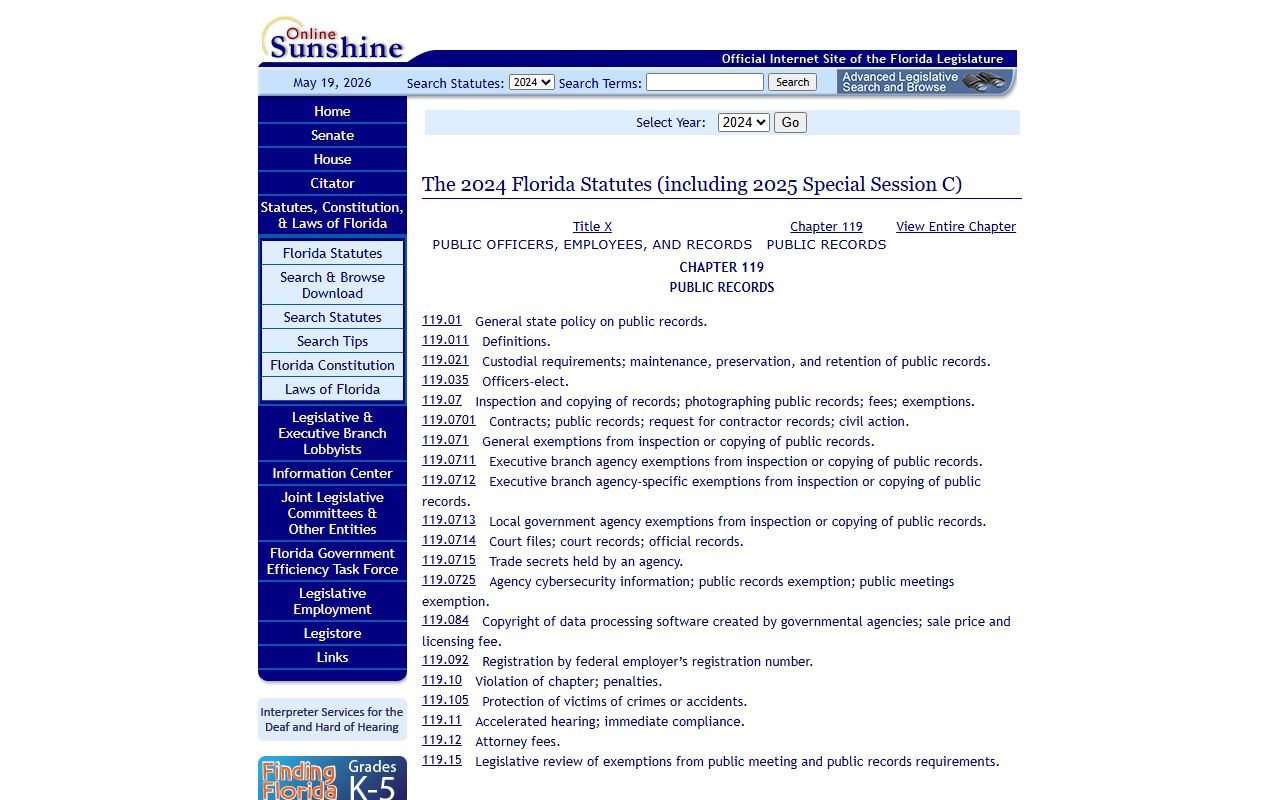 Brevard County public records Chapter 119 index on Florida Legislature site