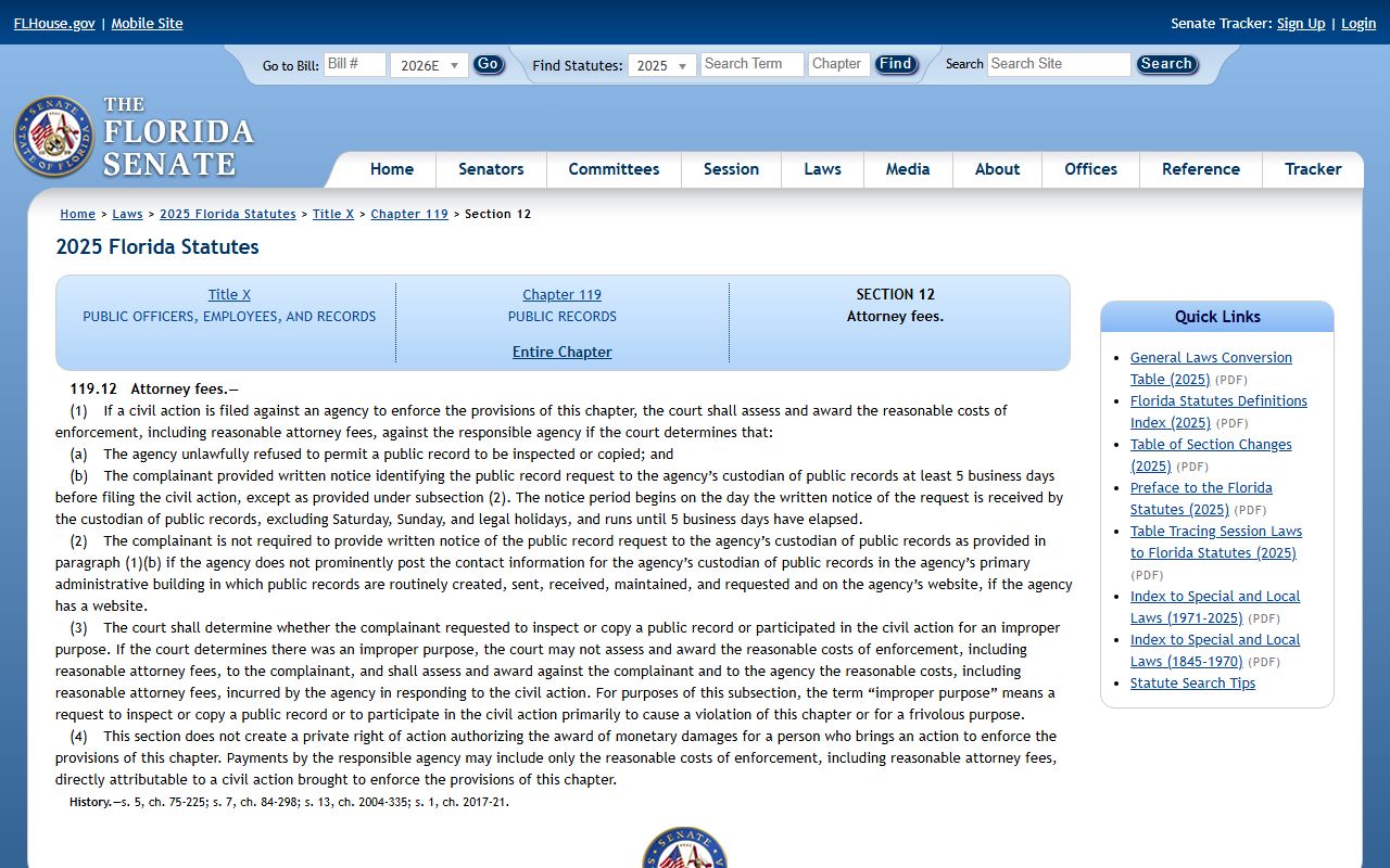 Brevard County public records attorney fee statute F.S. 119.12 on the Florida Senate site