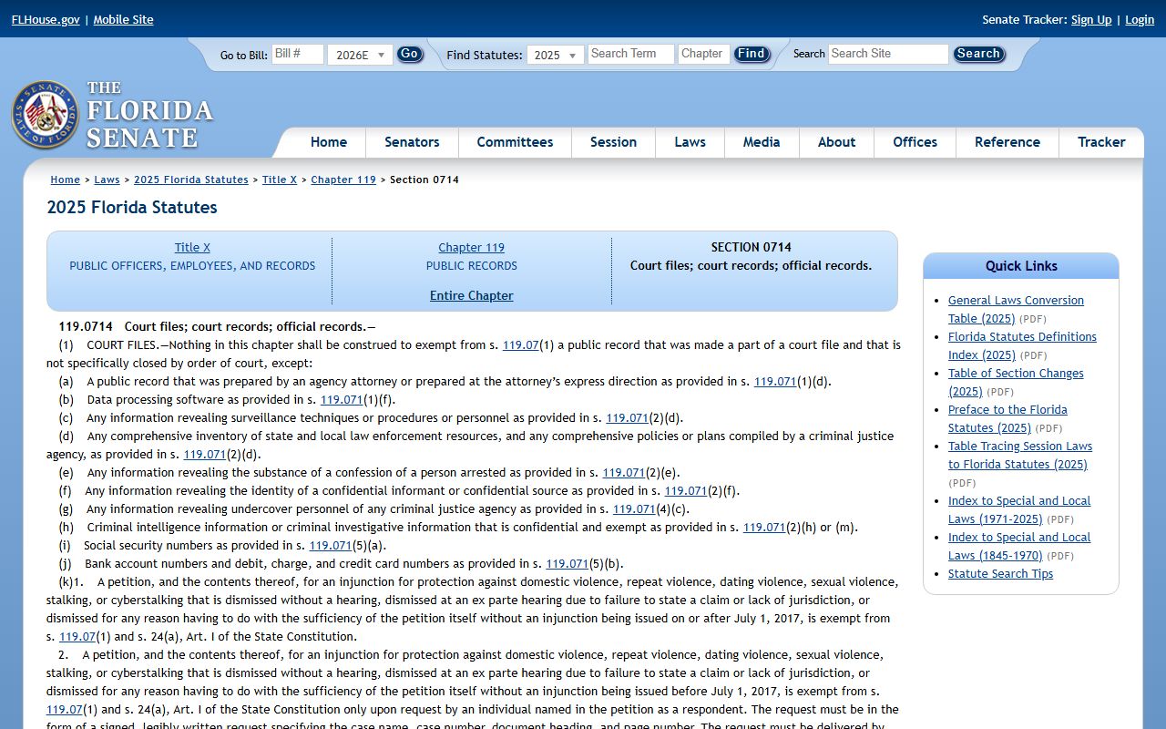 Brevard County public records exemption statute F.S. 119.0714 on the Florida Senate site