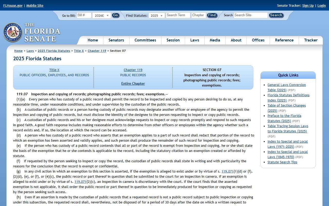 Brevard County public records statute F.S. 119.07 inspection copying fees on the Florida Senate site