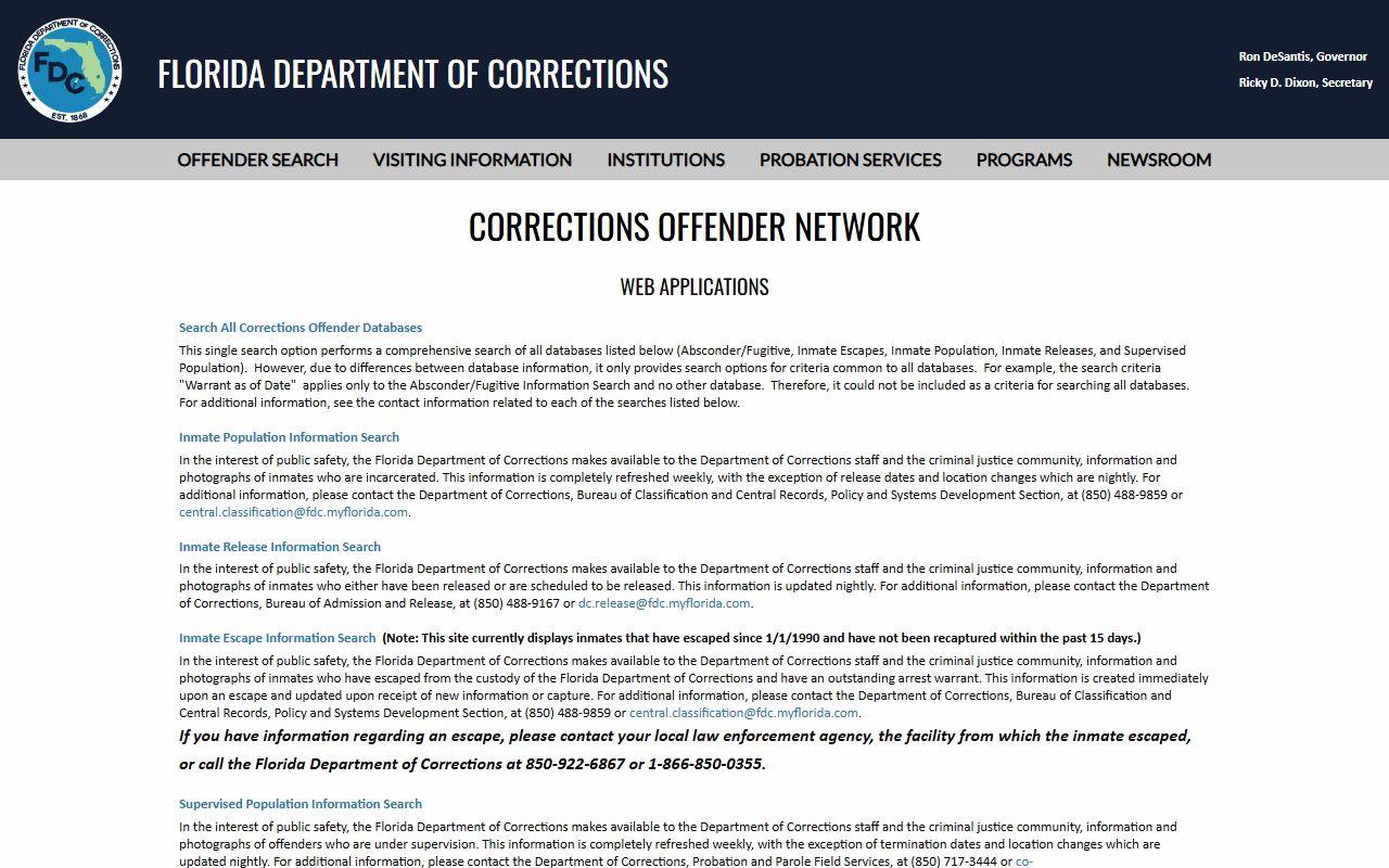 Brevard County released inmates Florida Department of Corrections offender search menu