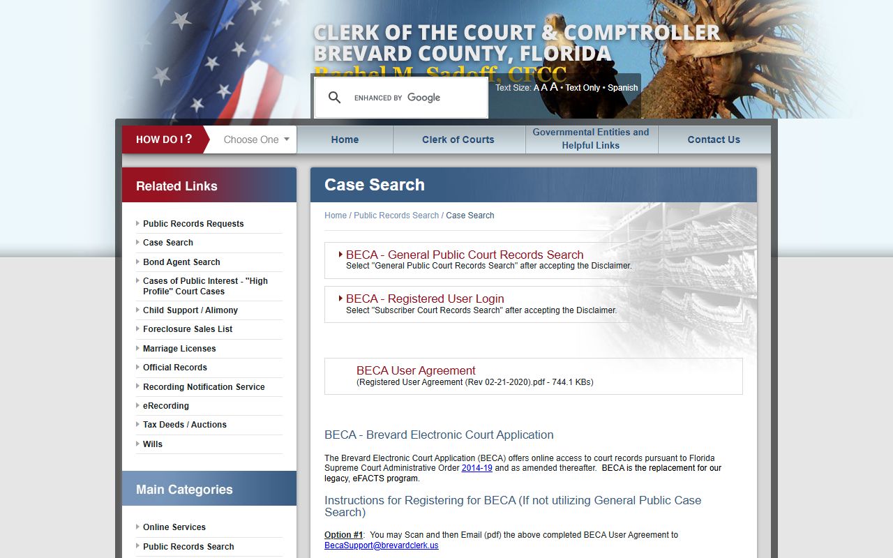Brevard County traffic court records BECA case search portal screenshot