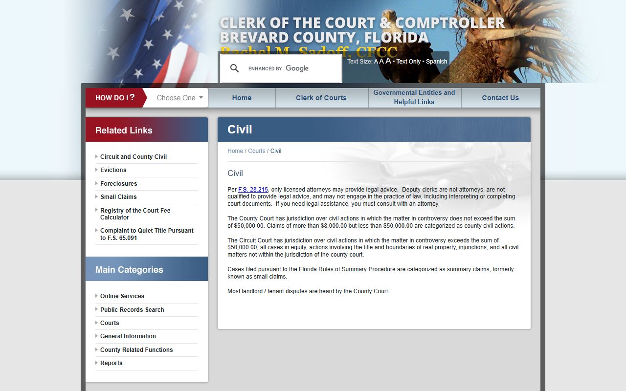 Brevard County traffic court records Clerk civil page screenshot