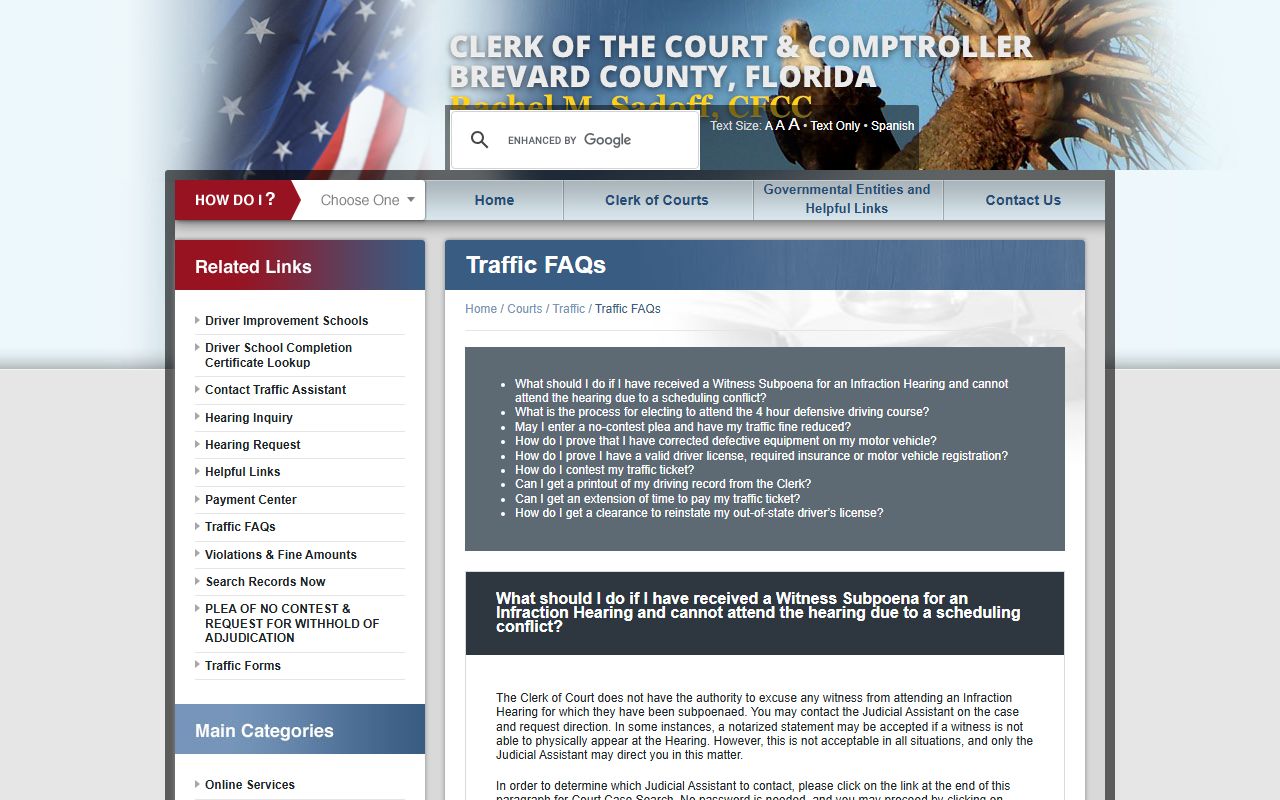 Brevard County traffic court records Clerk traffic FAQ page screenshot