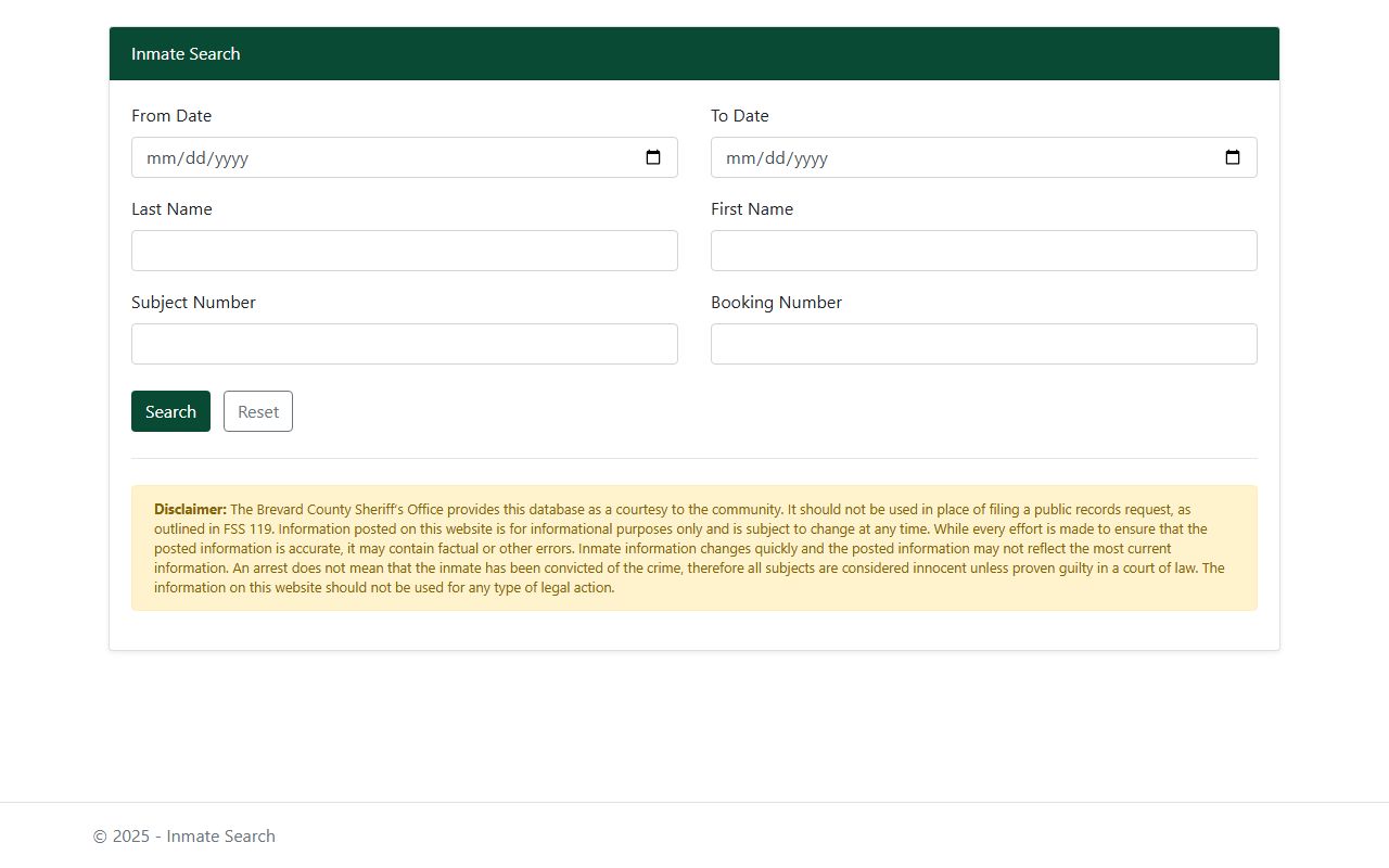 Brevard County warrant search BCSO inmate search form