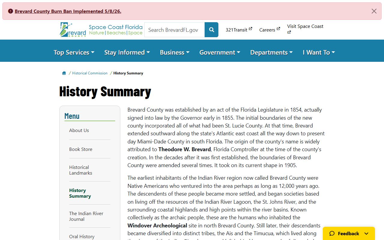 Brevard County Historical Commission history summary page covering county and court records origins