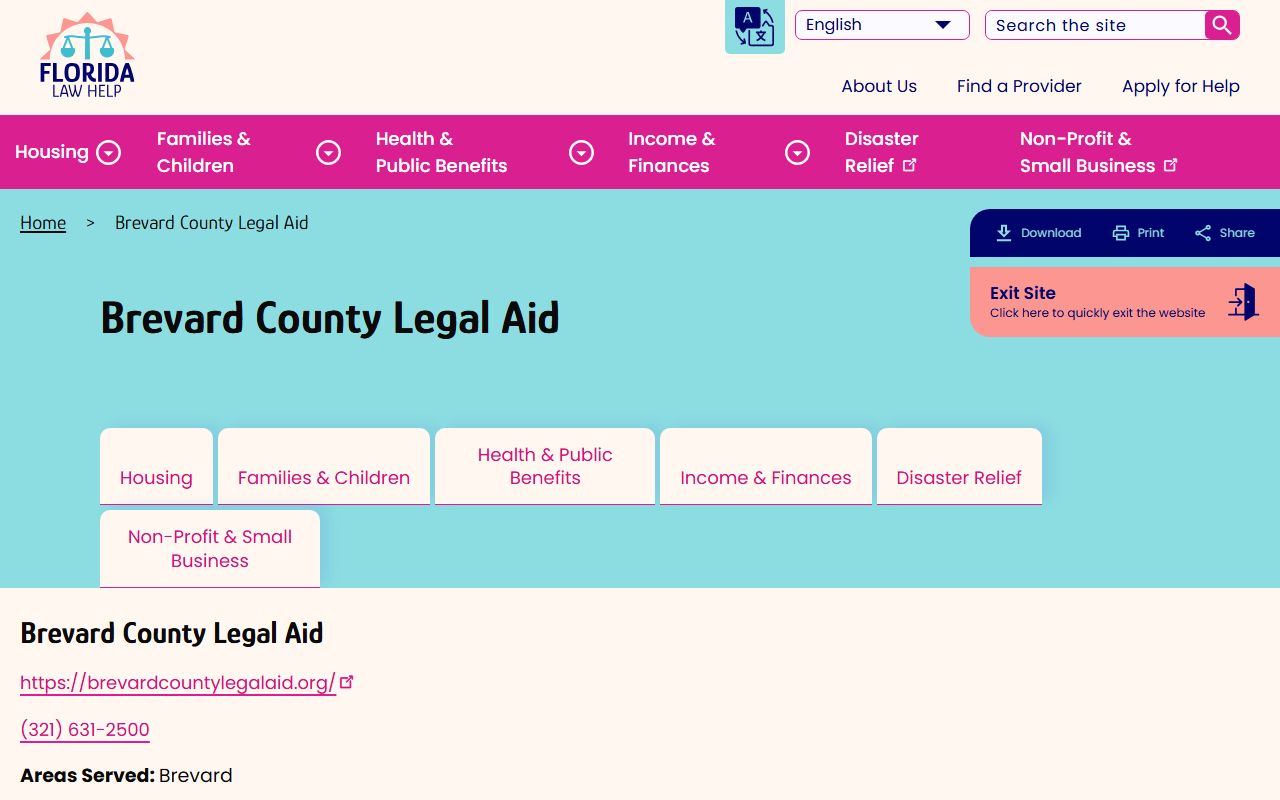 Florida Law Help directory listing for Brevard County Legal Aid court records support