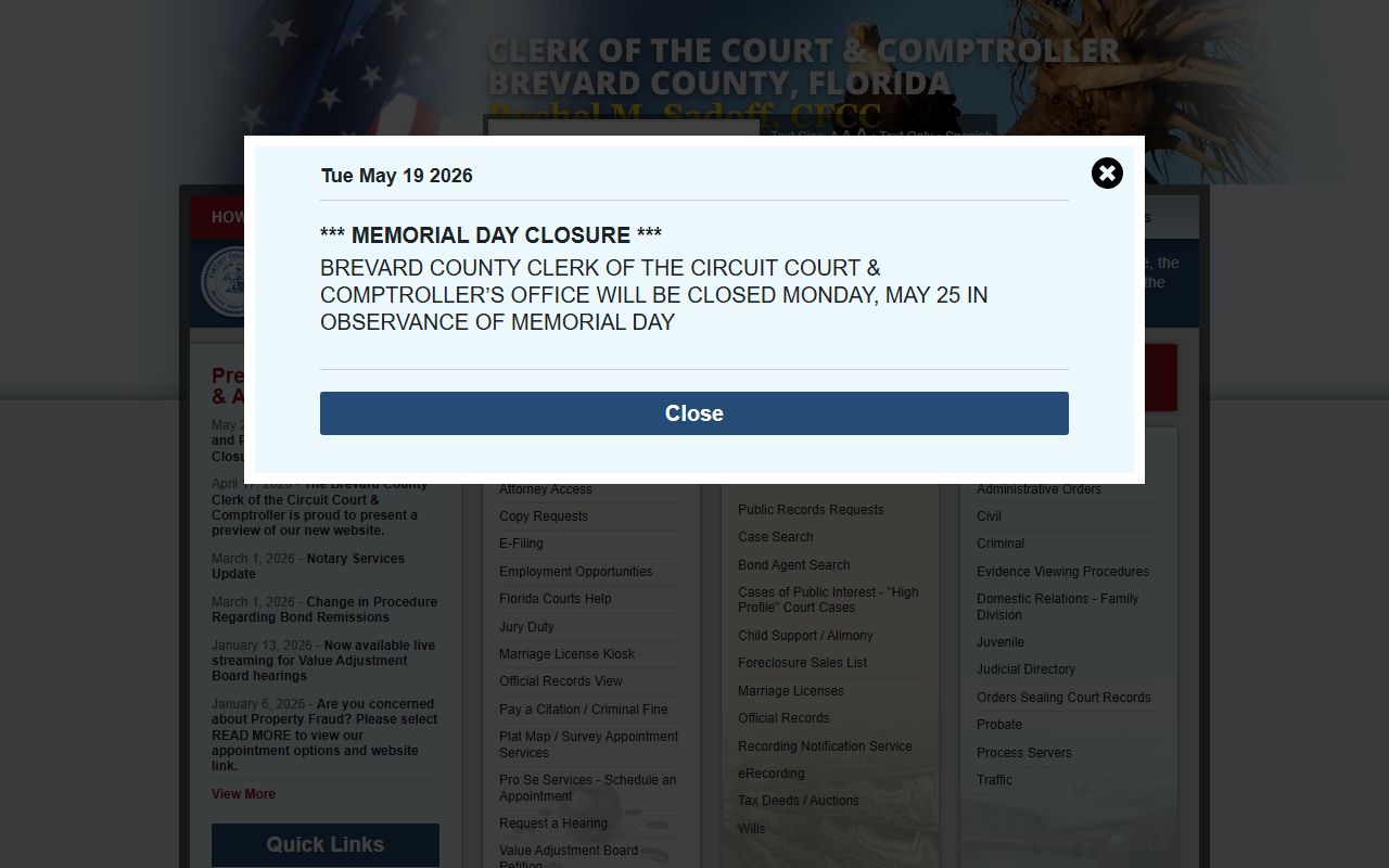 Brevard County Clerk of the Circuit Court homepage showing court records and case search navigation